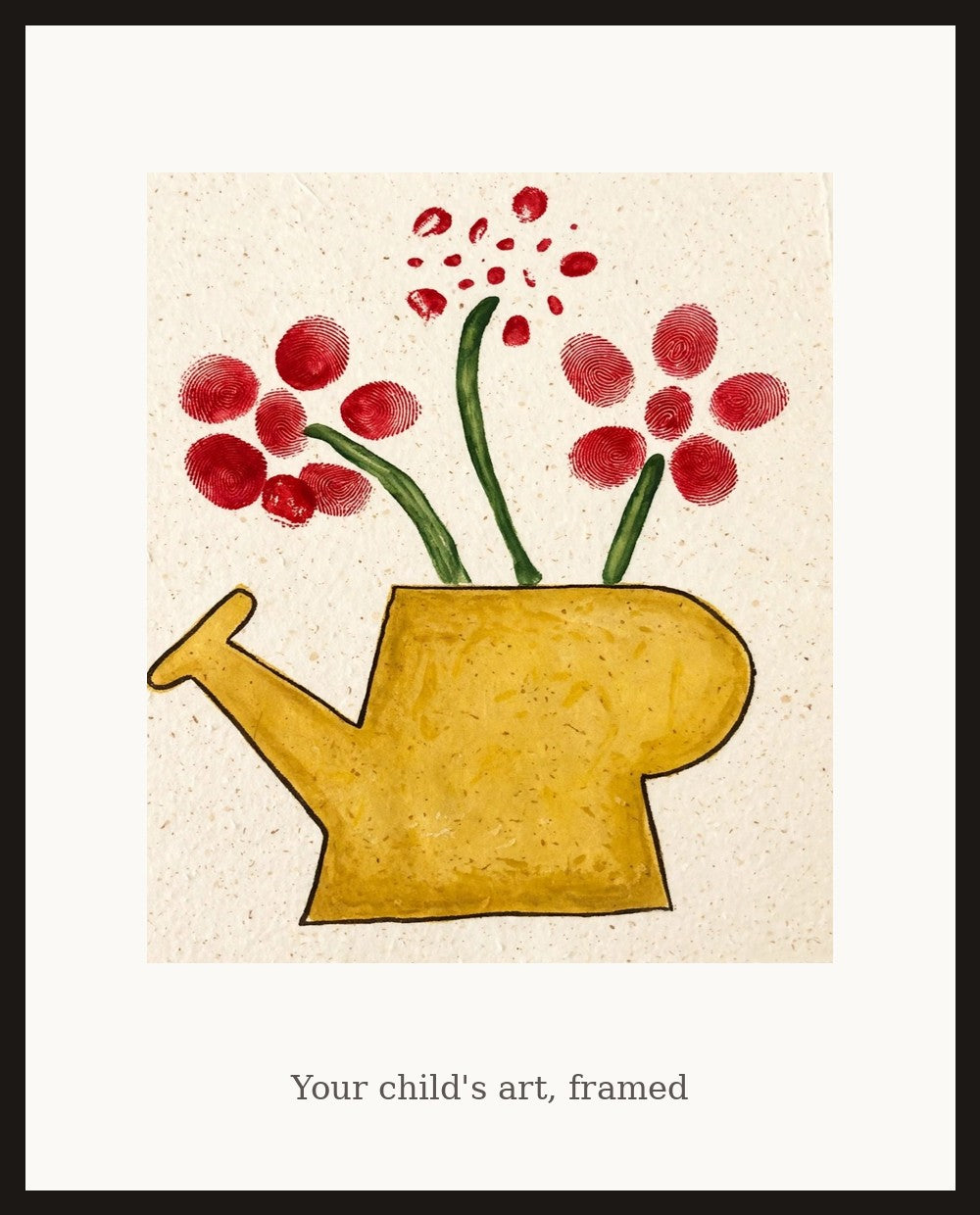 Framed watering can artwork on a wall
